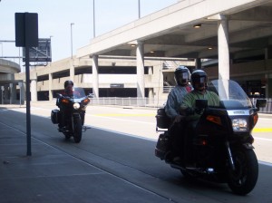 Honda CB900 Custom and Kawasaki Voyager motorcycles Here we are at the Cincinnati airport to pickup Liz. I am on the Honda CB900 Custom in the rear. In the front is Dad's Kawasaki Voyager